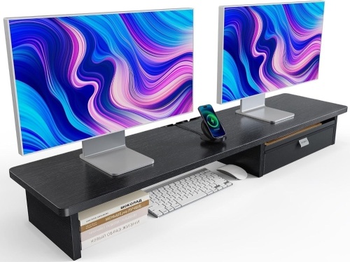 HUANUO Large Dual Monitor Stand with Drawer, Wood Monitor Stand Riser for 2 Monitors with Storage & Cable Management, Desktop Organizer up to 55" fit Monitor, Computer, TV, Printer - Lot 1635