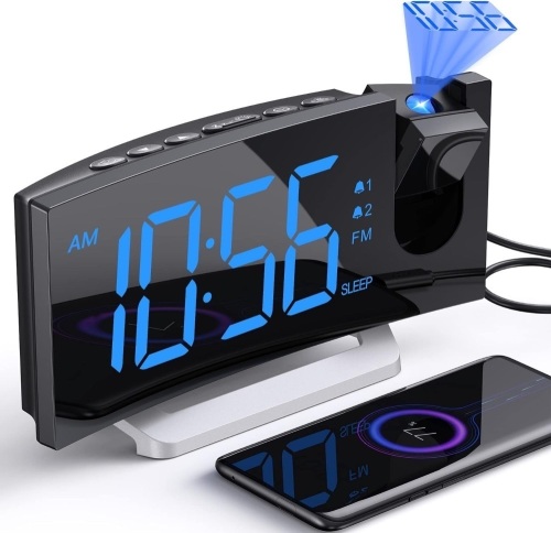 Projection Alarm Clock with FM Radio, USB Charging Port, 0-100% Dimmer, Dual Alarms, HD LED Display, 30 Preset Stations, Sleep Timer, 5 Alarm Sounds, Snooze, Curved Screen, Digital Clock for Bedroom - Lot 1651