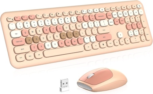 Colorful Wireless Keyboard and Mouse Combo, PINKCAT Typewriter Flexible Keys Office Full-Sized Keyboard, 2.4G Dropout-Free Connection Optical Mouse for Laptop, PC, Notebook, Mac, Desktop-Milk Tea - Lot 1653