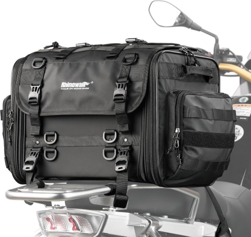 Rhinowalk Motorcycle Tail Bag, Expandable Motorcycle Travel Luggage Bags 60L, Waterproof All-Weather Trunk Rack Bag with Sissy Bar Straps & Helmet Rain Cover – Black - Lot 1672
