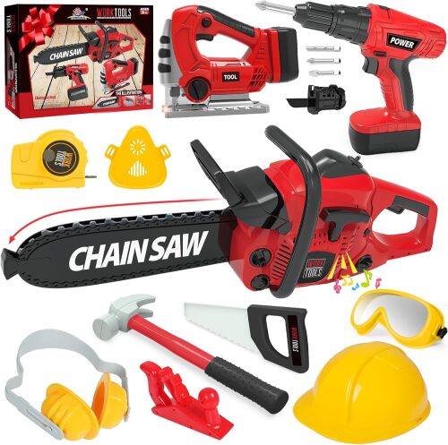 WishaLife Kids Tool Set - Toddler Tool Set with Toy Chainsaw, Drill, Pretend Play Construction Tools - Lot 1713