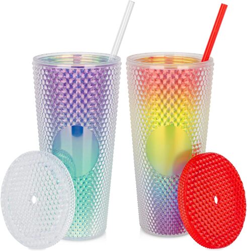24 oz DIY Studded Tumbler with Lid and Straw, Reusable Plastic Acrylic Cup - Lot 1727