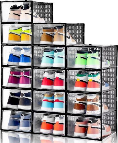 Clemate 15 Pack Shoe Storage Boxes, Clear Plastic Stackable Shoe Organizer for Closet - Lot 1730