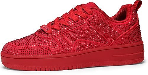 LUCKY STEP Women Fashion Sparkle Rhinestone Sneakers White Leather Low Top Tennis Shoes Lace Up Casual Comfortable Walking Shoe - Lot 1765