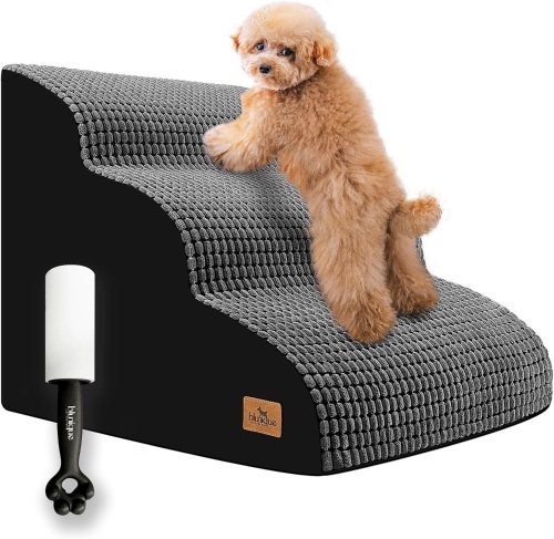 Dog Stairs for Small Dogs, 15.8 in H 3 Step Curved Dog Ramp for High Bed and Couch, Foam Dog Ramp with Durable Non-Slip Waterproof Fabric Cover, Pet Stairs for Pets Joints - Lot 1793