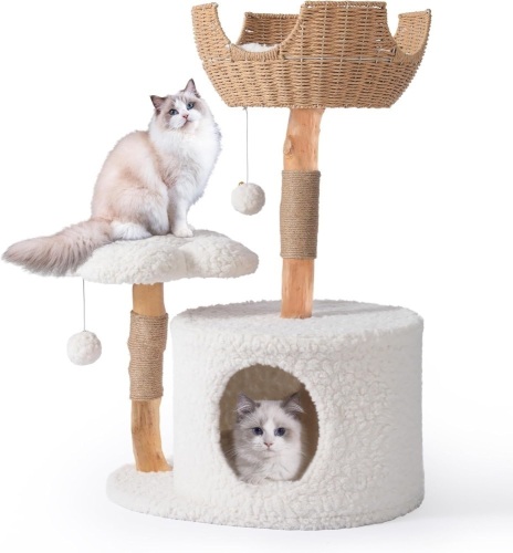 Modern Cat Tree, Aesthetic Wood Cat Tree Tower for Large Cats, Luxury Cat Condo with Scratching Posts and Flower Platforms, Cat Furniture by Easyego, (White) - Lot 1804