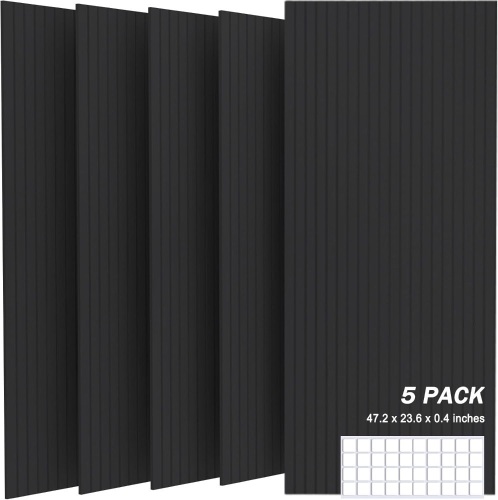 5 Pack Acoustic Panels, 48" X 24" X 0.4" Decorative Sound Proof Felt Panels, Sound Dampening Panels, Self-Adhesive Sound proof panels for walls, Creative Slotting Design. (Black) - Lot 1811