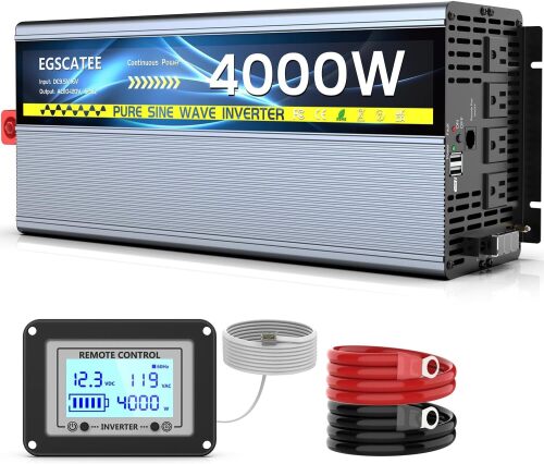 12V 4000W Pure Sine Wave Inverter 12V DC to 110V/120V AC Converter with 4AC Outlets, 5V/3.4A USB, Remote Control with on-Screen Display, Off-Grid Solar Power Inverter - Lot 1861