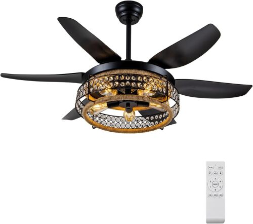 51-Inch Ceiling Fan with Light Remote Control, Farmhouse Style Lampshade with K9 Crystal Attached, 6-speed Reversible - Lot 1863