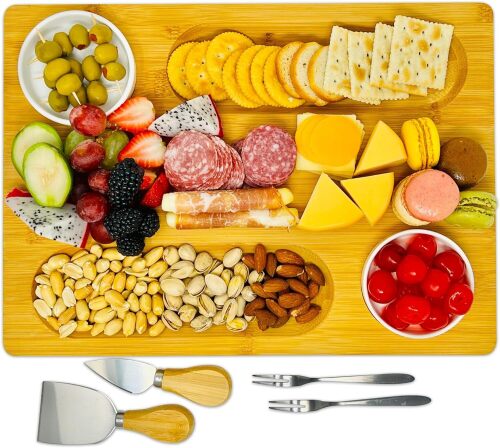 Bamboo Cheese Board with Knife, Bowl, Fork Set, Wood Charcuterie Platter & Food Serving Tray for Wine Glasses - Lot 1954