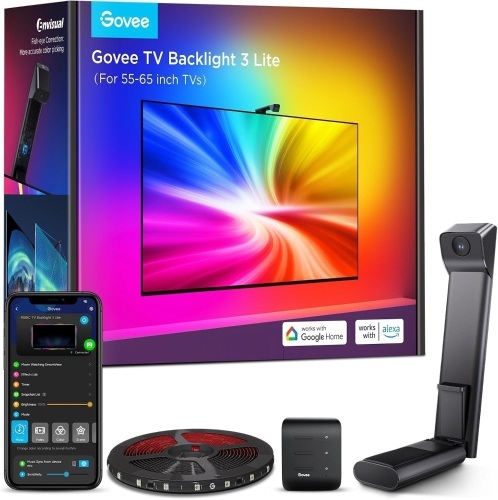 Govee TV Backlight 3 Lite with Fish-Eye Correction Function Sync to 55-65 Inch TVs, 11.8ft RGBICW Wi-Fi LED Strip Lights with Camera, 4 Colors in 1 Lamp Bead, Voice and APP Control, Adapter - Lot 1978