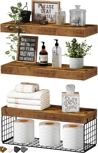 QEEIG Bathroom Shelves Over Toilet - Wall Mounted Floating Shelves Toilet Paper Storage Small Farmhouse Decor Shelf 16 inch Set of 3, Rustic Brown (019-BN3) - Lot 1989