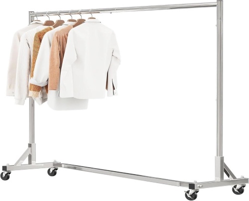 Simple Trending Industrial Grade Z Base 70in extra long Clothes Garment Rack, Commercial Grade Rolling Clothing Rack, Heavy Duty 600lb Load with Wheels, Chrome - Lot 1826