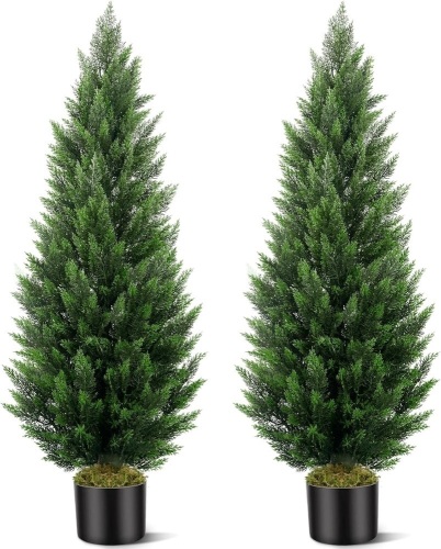 Artificial Topiary Cedar Trees 2 Set, Outdoor Indoor Faux Pine Shrubs Plants, Realistic Fake Plants Front Porch Decor, Artificial Bushes Cypress for Home Front Door Offices - Lot 1914