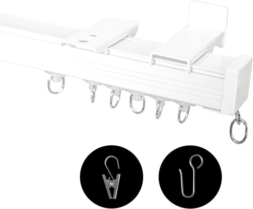 Ceiling Curtain Track, Ceiling Wall Mount Room Divider Curtain Track Rods Heavy Duty Ceiling Track Curtain Rail, RV Ceiling Track for Curtains with Rollers Hooks Clips for 12ft, White - Lot 2031