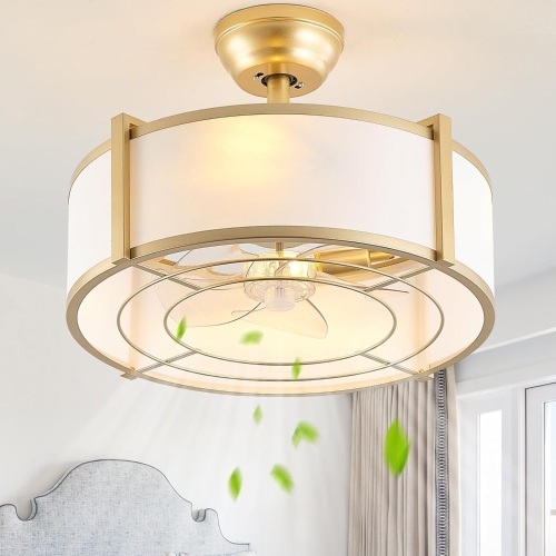 20" Gold Fandelier Ceiling Fans with Lights, Boho Rattan Chandelier Ceiling Fan with Light Remote Control, Mid-Century Modern Caged with 6 Speeds for Bedroom, Nursery - Lot 2038