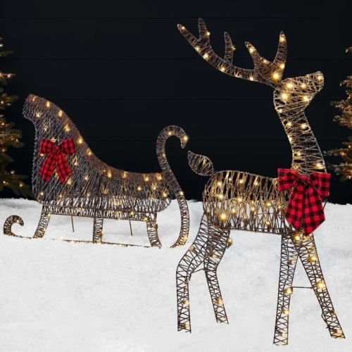 Lighted 2D Outdoor Christmas Reindeer & Sleigh Set w/ Warm White LED Lights - Lot 1968