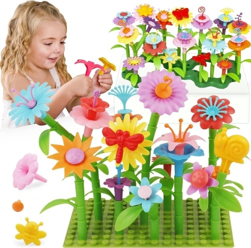 3-6 Years Old Toddler Toys - Flower Garden Building Toy with Insect Pegs, Educational Activity Gifts for Girls Preschool-Kindergarten, 153Pcs STEM Stacking Pretend Play Set - Lot 2103