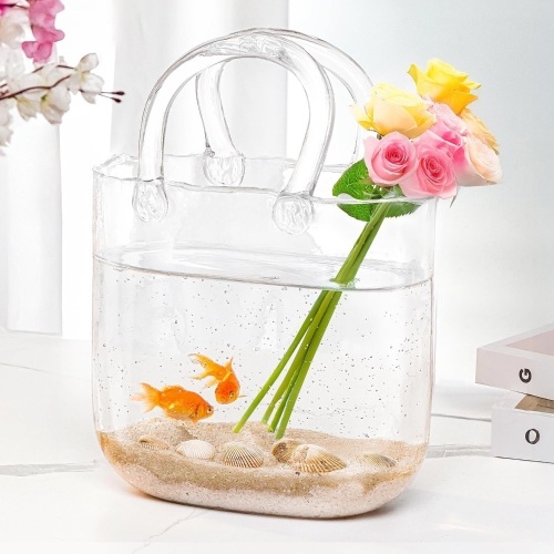 ABOUT SPACE Flower Vase - Handbag Shape Glass Vase with Handle Unique Bubble Scattered Aesthetic Design Centrepiece for Flowers & Fish Purse Shape Table Decor for Home, Office, Cafe L20x B10x H26.5cm - Lot 2109