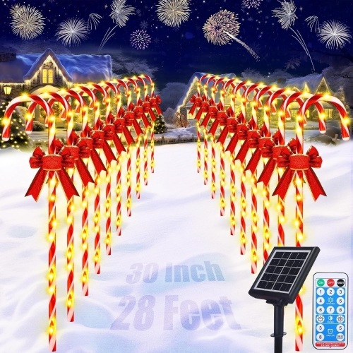 VIHOSE 20 Pcs 30" Solar Christmas Candy Cane Lights Pathway Walkway Markers Light with Red Bow Waterproof Garden String Light Dec with 200 LED Xmas Patio Yard Lawn Holiday Gift - Lot 2254