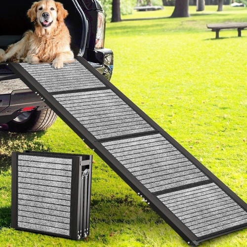 Extra Wide Dog Ramp for Car, Suvs & Trucks Aluminum Folding Dog Ramp with Non-Slip Rug Surface, Outdoor Portable Pet Ramp for Medium Large Dogs Supports Up to 300 Lbs - Lot 1890
