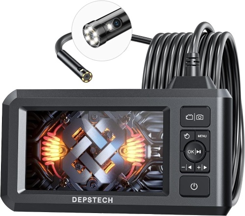 DEPSTECH Dual Lens Industrial Endoscope, 1080P Digital Borescope Inspection Camera, 7.9mm IP67 Waterproof Camera, Sewer Camera with 4.3" LCD Screen,7 LED Lights,16.5FT Semi-Rigid Cable,32GB Card-Black - Lot 1892