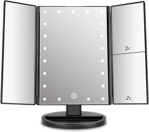 deweisn Tabletop Mount Trifold Lighted Vanity Mirror with 21 LED Lights, Touch Screen and 3X/2X/1X Magnification, Two Power Supply Mode Make up Mirror,Travel Mirror - Lot 1898