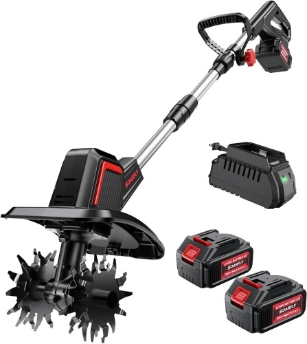 Cordless Electric Tiller for Gardening, Total 8000mAh Battery Powered Mini Cultivator with 2×4.0AH Batteries & Charger, 9" Width, 6.6" Depth, 48 Steel Tines Rototiller for Soil Cultivation - Lot 2083
