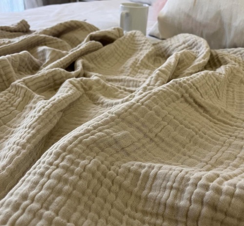 KyraHome 100% Organic Cotton 90"x90" Queen Cotton Blanket for Adult, Couch Bed, Plant-Hand Dyed, Breathable Lightweight Gauze Muslin Blanket for Bed, All Season (Oatmeal Khaki) - Lot 2087