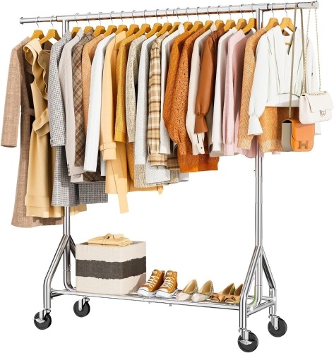 Heavy Duty Clothes Rack Load 450 LBS, Metal Garment Rack, Standing Rolling Clothing Rack for Hanging Clothes with Sturdy Wheels & Shelves, Portable Closet Wardrobe Rack,Sliver - Lot 2093