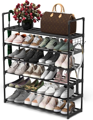 6 Tiers Metal Shoe Rack,Adjustable Shoe Shelf Storage Organizer with Hooks,Stackable Boot & Shoe Storage,for Entryway,Hallway,Closet,Black - Lot 2153