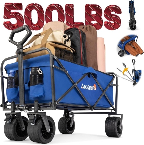WVX Heavy Duty 500lbs Capacity Collapsible Wagon - Beach Wagon with Big All-Terrain Wheels for Sand - Beach Cart with Rebound Handle & Drink Holders - Utility Wagon Cart for Garden Camping Outdoor - Lot 2156