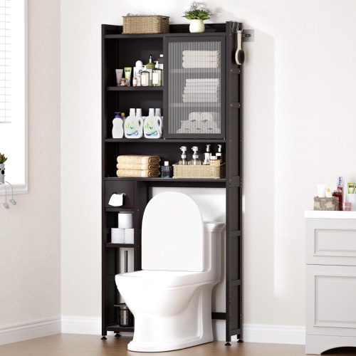 Over The Toilet Storage Cabinet with Acrylic Door Panel and Paper Towel Drawer, Bamboo Space Saver Shelf, Bathroom Organizer Rack Above WC (Without Power Strip, Brown) - Lot 2165