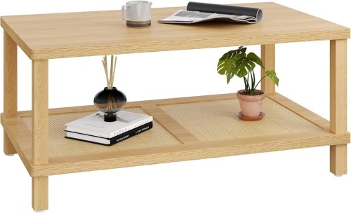 Rattan Coffee Table for Living Room,2-Tier Wooden Center Table with Hand Made Rattan Decorated,39.3 Inch Living Room Tbale with Rounded Corners,Boho Coffee Table,Easy Assembly Natural LCT55Y - Lot 2170