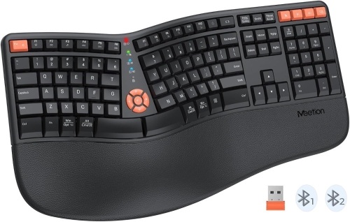 MEETION Ergonomic Keyboard, Wireless Split Ergo Keyboard with Cushioned Wrist Rest, Full Size, USB-C Rechargeable, USB & Bluetooth Keyboard for Multi-OS Windows/Mac, Computer/Laptop/Tablet, We-Black - Lot 1856