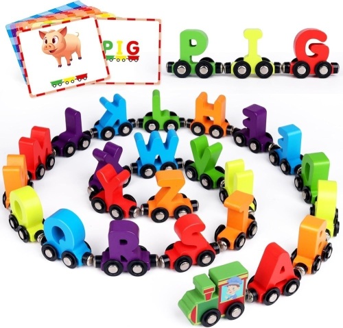 27 PCS Magnetic Wooden Alphabet Train Set, ABC Learning Toy with 42 Flash Cards, 1 Engine and Storage Bag, Educational Letter Toy Trains for Toddlers, Boys Girls, Ideal Gift for 3-7 Year Olds - Lot 2140