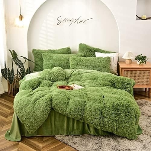 Shaggy Fluffy Duvet Cover Set Queen Size Super Soft Faux Fur Bedding Set 3 Pcs (1Duvet Cover + 2Pillowcases) Luxurious Plush Comforter Cover Set with Zipper Closure Avocado Green - Lot 2147