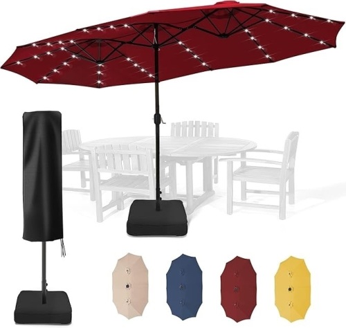 Sundale Outdoor 40LED 15ft Large Patio Umbrellas with Base Included and Umbrella Cover, Outdoor Double-Sided Umbrella with Solar Lights - Lot 2042