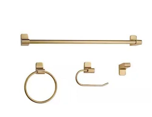Globe Electric Positano 4-Piece Bath Hardware Set with Towel Bar, Towel Ring, Robe Hook, and Toilet Paper Holder in Matte Brass - Lot 400JF