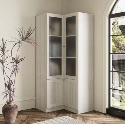 FUFU&GAGA 70.9 in. Tall Gray Wood Grain 3-Shelf Corner Bookcase with Tempered Glass Doors and Adjustable Shelves - Lot 47WG