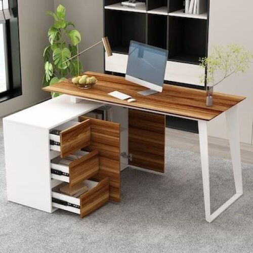 FUFU&GAGA 54.3 in. Reversible L-Shaped Desk with Adjustable Shelves, Drawers - Dented Corners on Top  - Lot 65WG