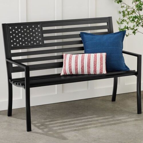 Indoor Outdoor Steel Bench w/ American Flag Backrest, 790lb Capacity - Lot 350