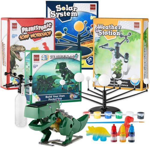 Kids 4-in-1 Science Project Kit, STEM & STEAM Robot, Solar System, Soap, Weather Lab Experiments - Lot 852