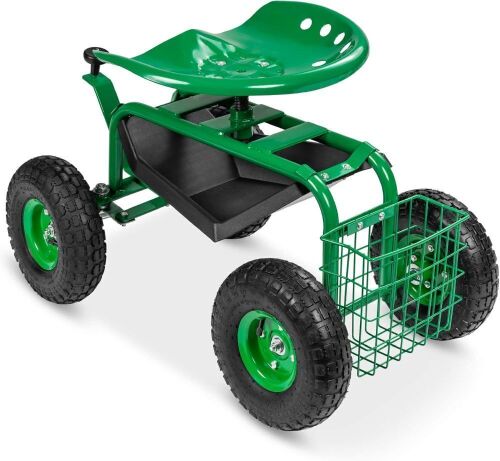 4-Wheel Garden Cart Mobile Rolling Work Seat w/Tool Tray, Storage Basket, Rubber Tires - Lot 149