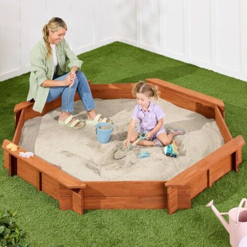 Kid's Wooden Octagonal Sandbox w/ Sand Cover, 4 Reinforced Benches, 8 Seats - Lot 157