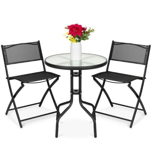 3-Piece Bistro Set w/ Glass Table, 2 Foldable Chairs - Lot 908