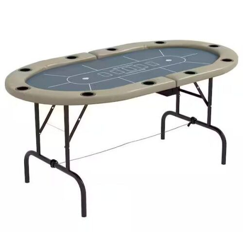 Soozier Poker Table Foldable, 70 in. Oval Blackjack Casino Texas Holdem Poker Game Table in Blue and Brown - Lot 109JF