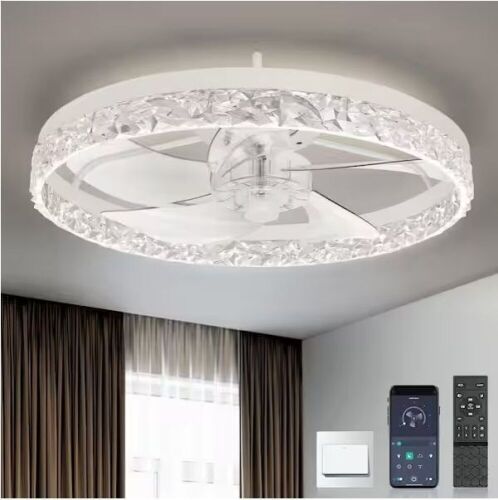 ARISKEEN 20 in. Indoor White Crystal Ceiling Fan with Light and Remote, Flush Mount  - Lot 714JF
