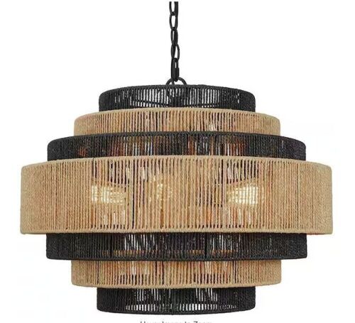 Prime Ray Luster Boho 24 in. 6-Light 7-Tier Hand Woven Rattan Pendant Chandelier Light with Large Shade and Black Finish - Lot 133JF