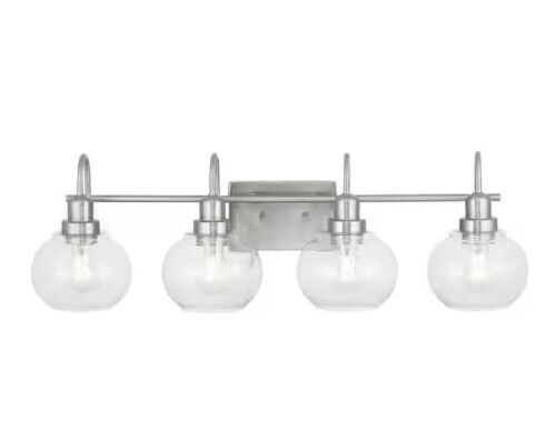  Home Decorators Collection Halyn 31.375 in. 4-Light Brushed Nickel Bathroom Vanity Light with Clear Glass Shades - Lot 718JF
